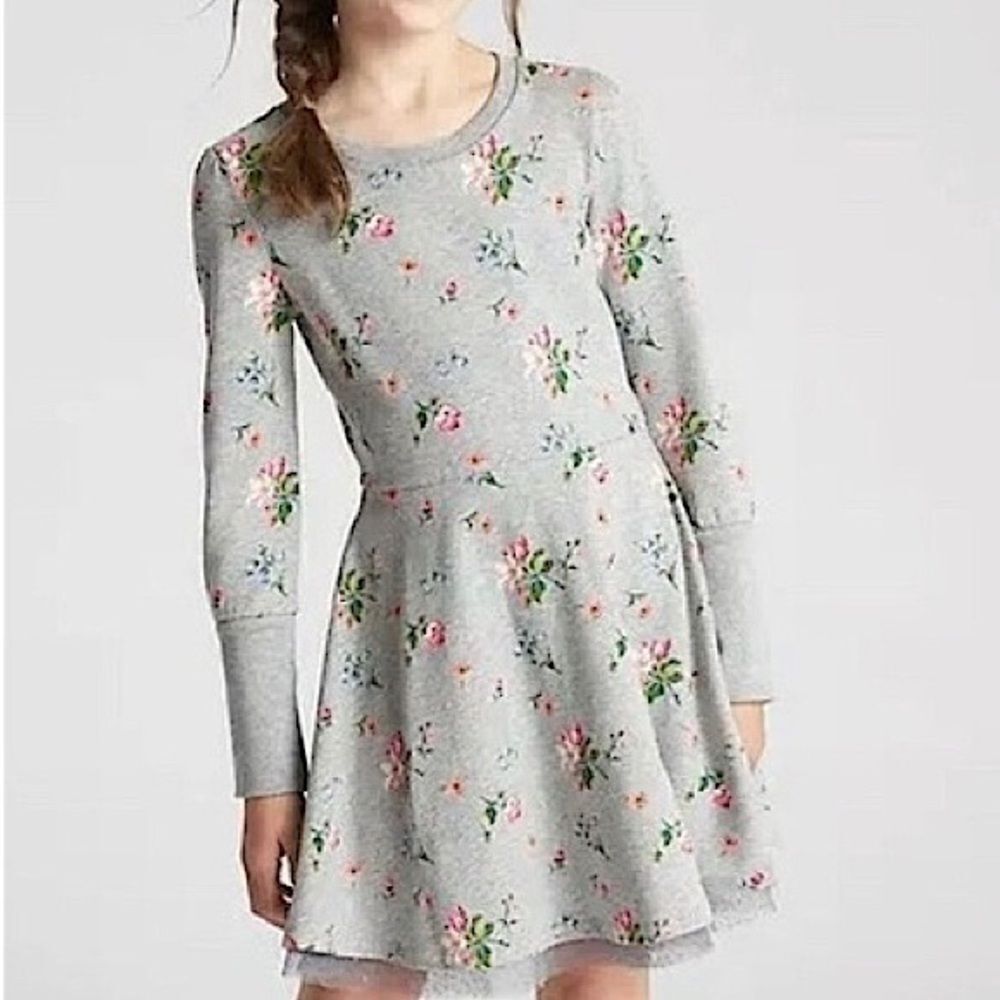 GAP Girls Gray Floral Knit Twirl Dress with Pink & Green Accents